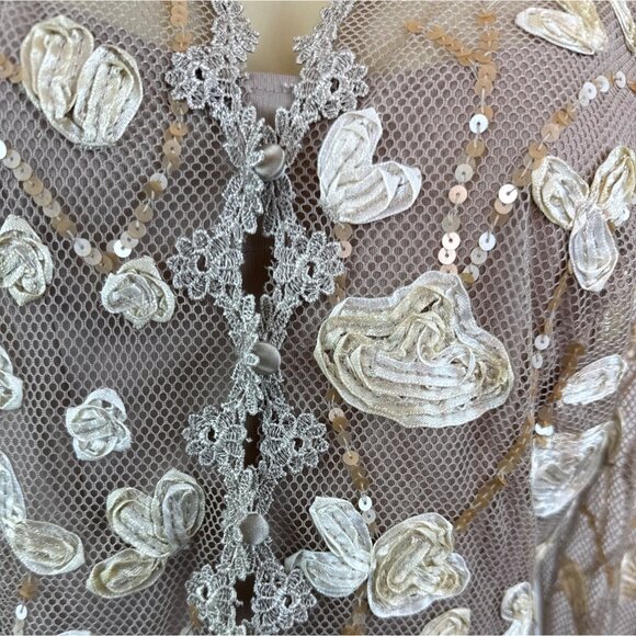 JS Boutique Women's Beige Sheer & Embroidered Long Sleeve Cami Set Sz 10 - Picture 7 of 11